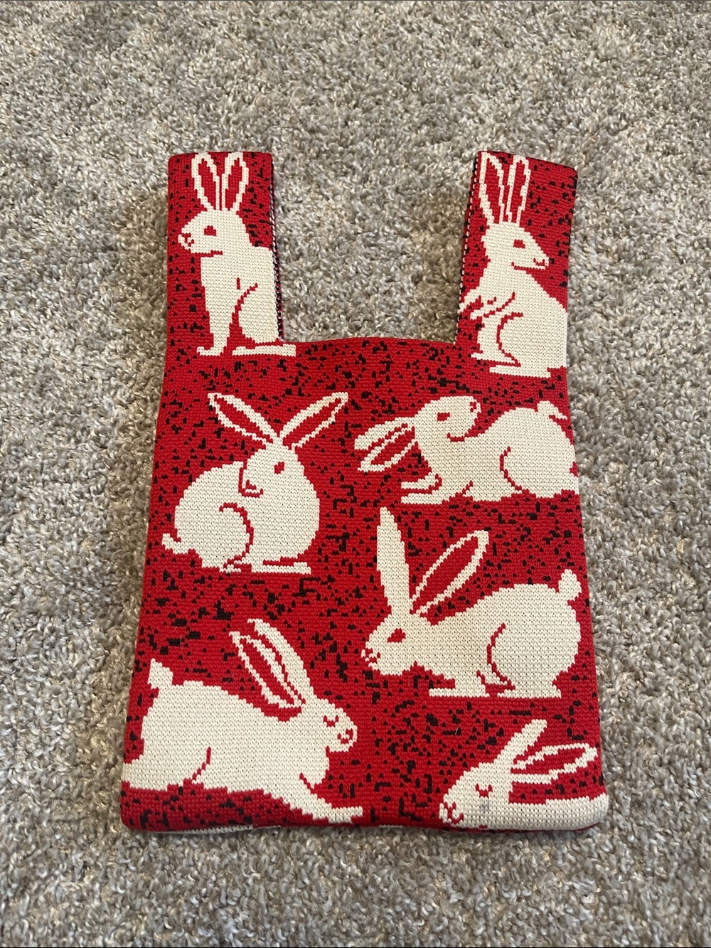Small Red Bunny Knit Tote Bag
